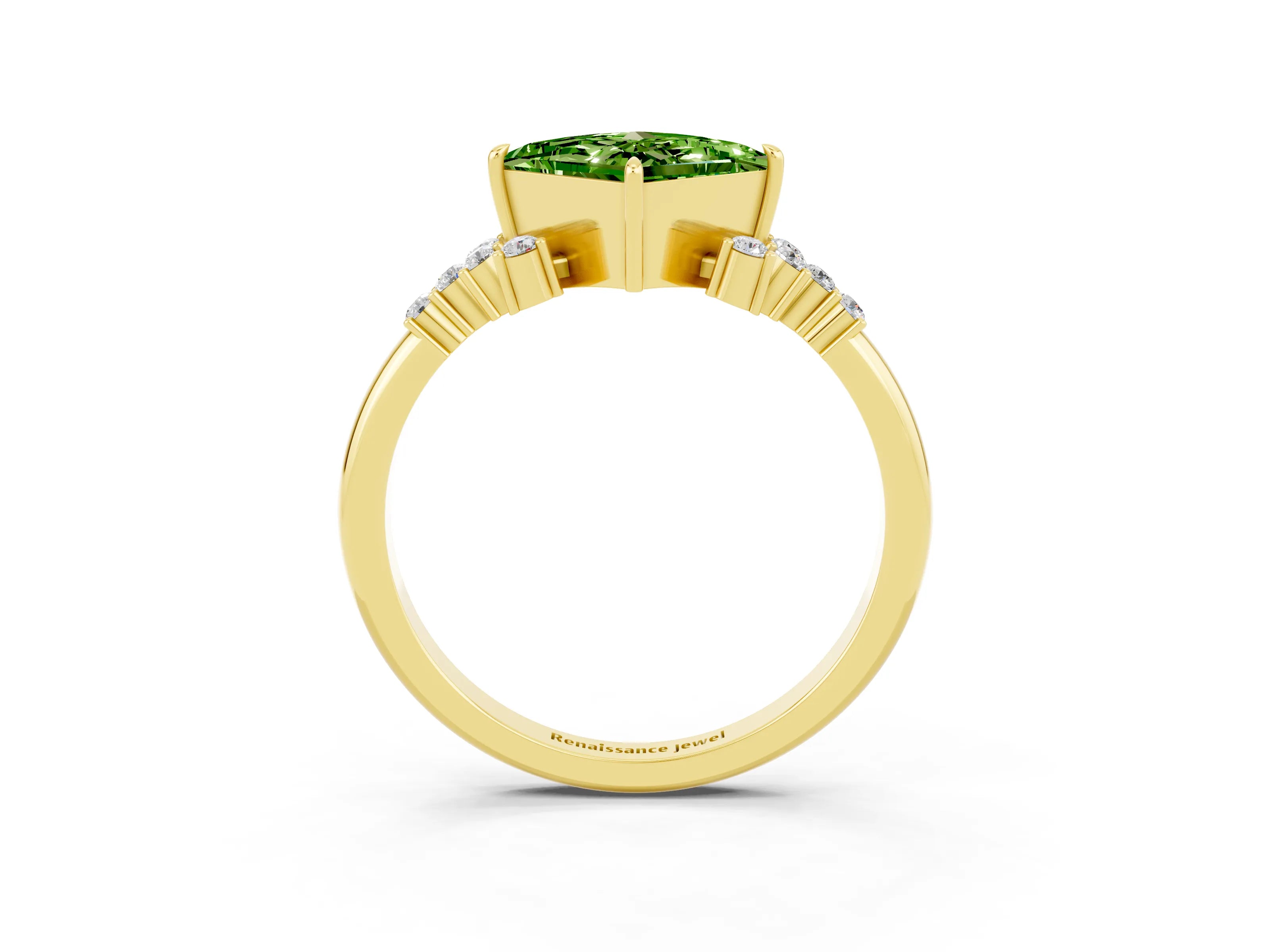 Yellow gold Princess Cut Peridot Ring with Side Stones and Four-Prong Setting_39