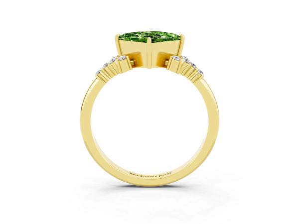Yellow gold Princess Cut Peridot Ring with Side Stones and Four-Prong Setting