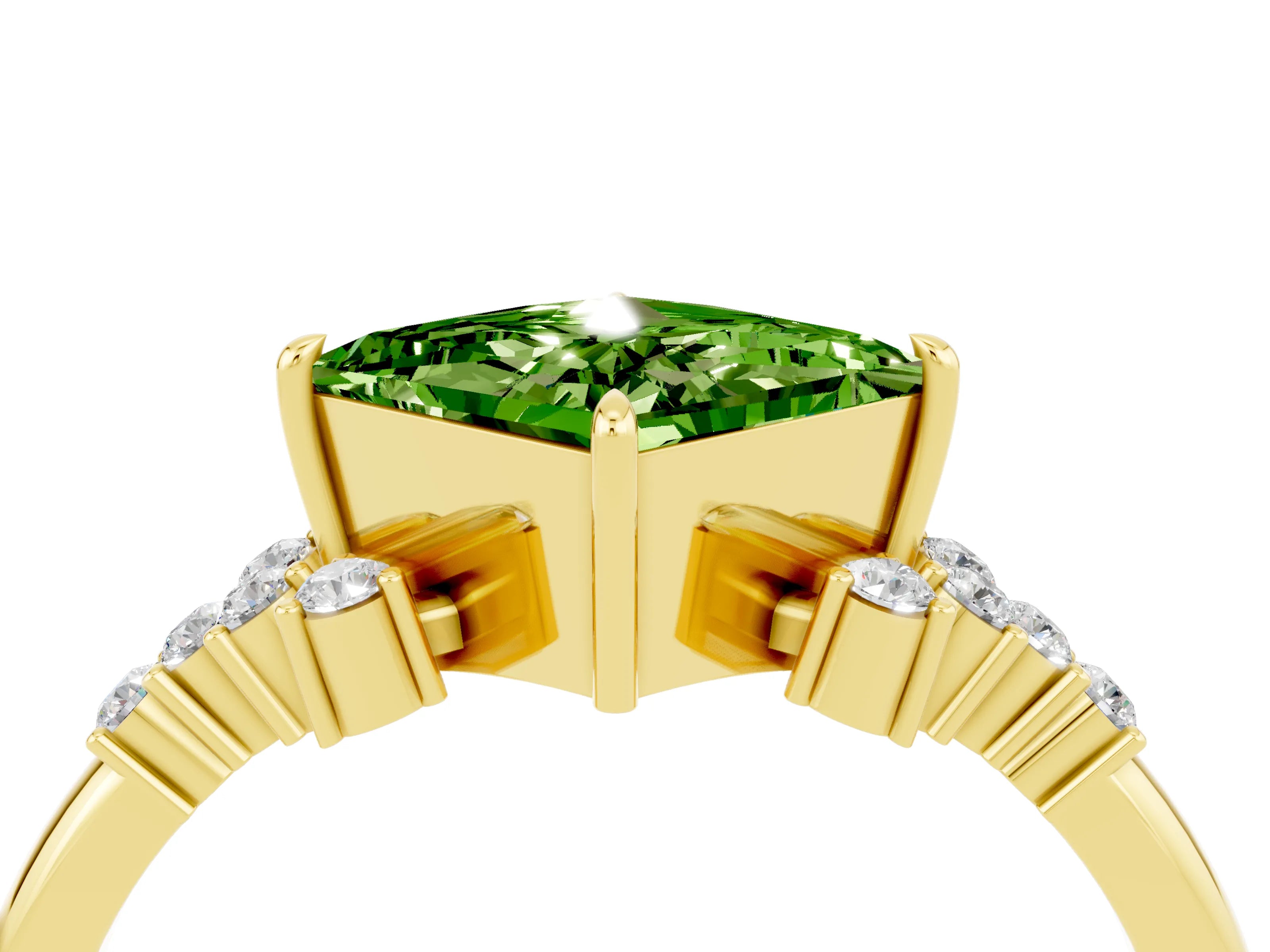 Yellow gold Princess Cut Peridot Ring with Side Stones and Four-Prong Setting_40