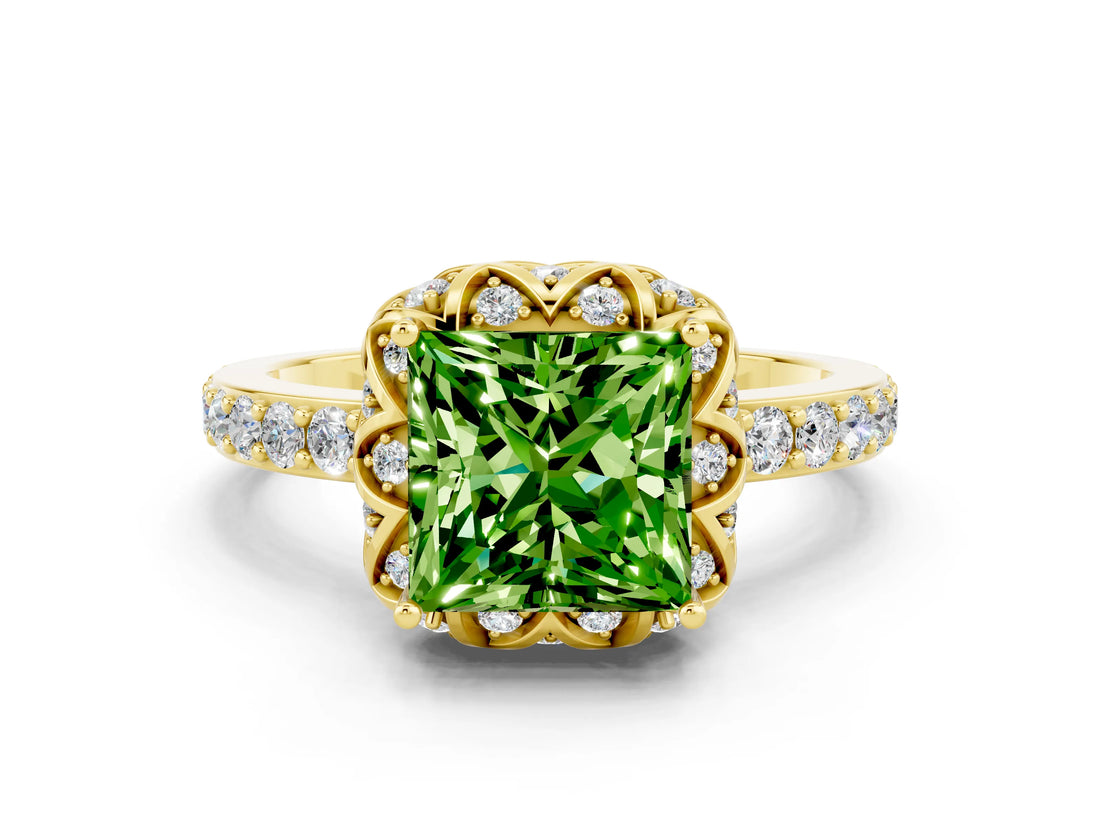 Yellow gold Princess Cut Peridot Scalloped Halo Engagement Ring with Round Shared Prong Band_12