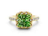Yellow gold Princess Cut Peridot Scalloped Halo Engagement Ring with Round Shared Prong Band_12