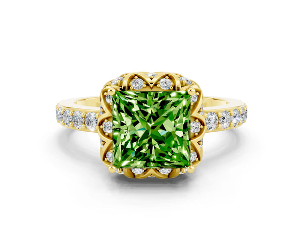 Yellow gold Princess Cut Peridot Scalloped Halo Engagement Ring with Round Shared Prong Band