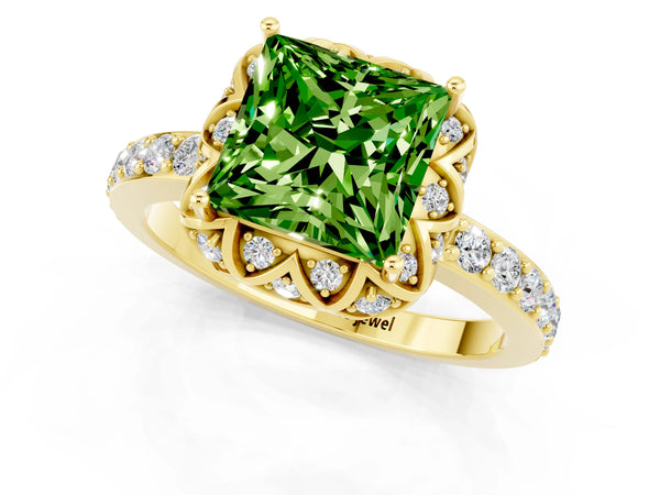 Yellow gold Princess Cut Peridot Scalloped Halo Engagement Ring with Round Shared Prong Band