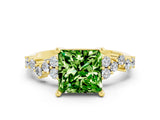 Yellow gold Princess Cut Peridot Scattered Round Accent Ring with Prong Setting_30