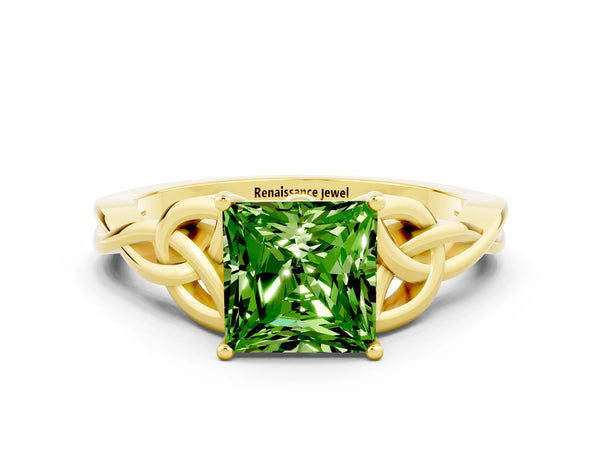 Yellow gold Princess Cut Peridot Solitaire Celtic Knot Ring with Four-Prong Setting
