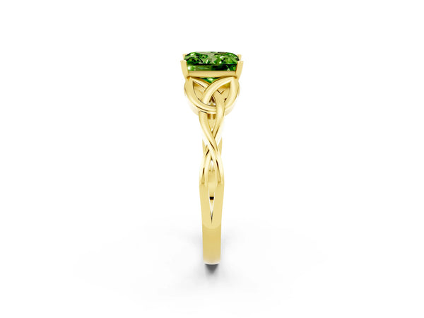 Yellow gold Princess Cut Peridot Solitaire Celtic Knot Ring with Four-Prong Setting