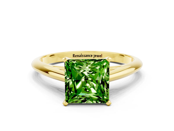 Yellow gold Princess Cut Peridot Solitaire Engagement Ring with Cathedral Setting and Four-Prong Mount