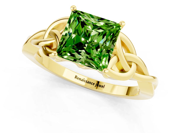 Yellow gold Princess Cut Peridot Solitaire Engagement Ring with Celtic Knot Band and Four-Prong Setting