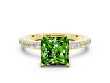 Yellow gold Princess Cut Peridot Solitaire Engagement Ring with Pavé Band and Four-Prong Setting