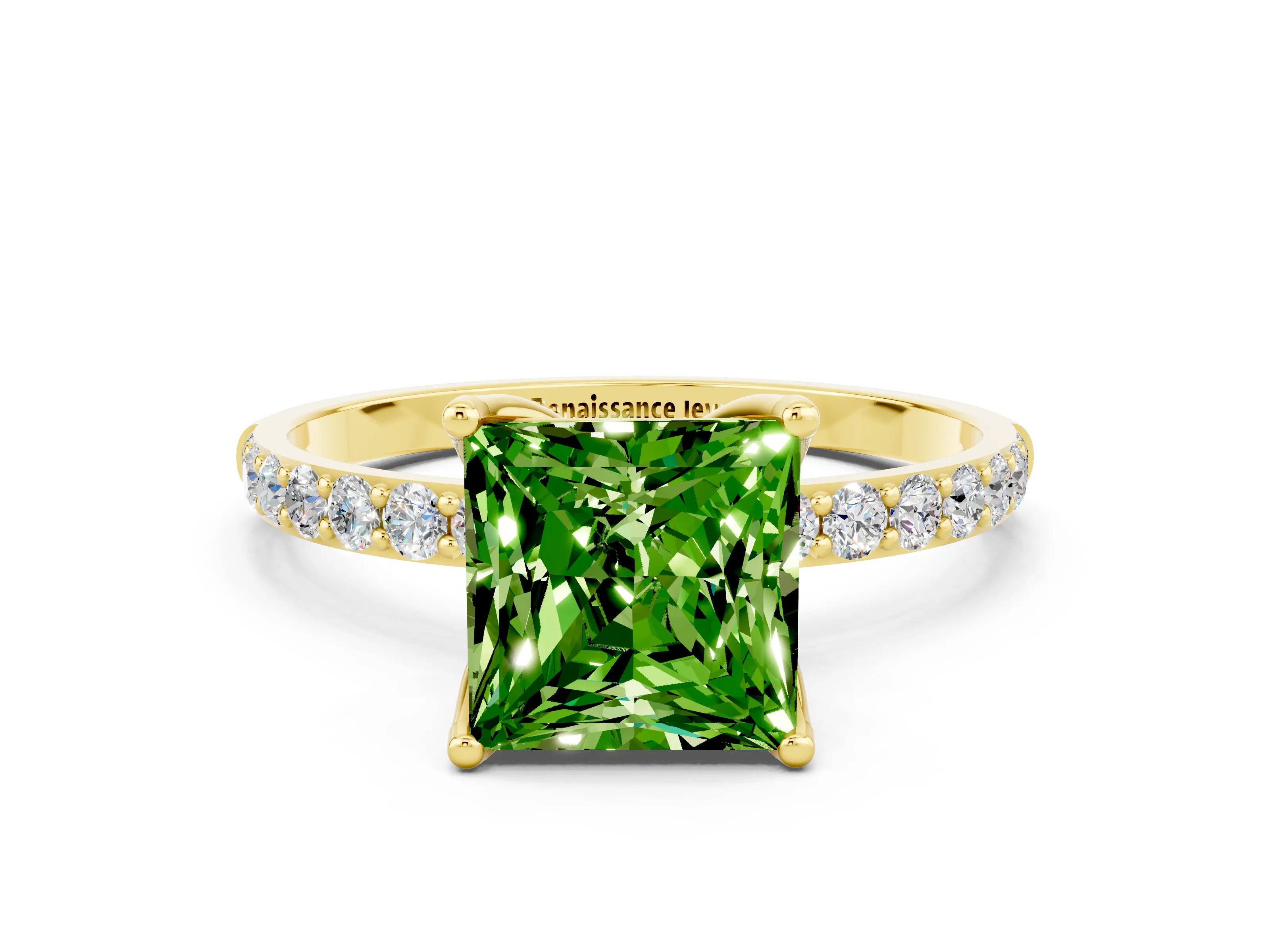 Yellow gold Princess Cut Peridot Solitaire Engagement Ring with Pavé Band and Prong Setting