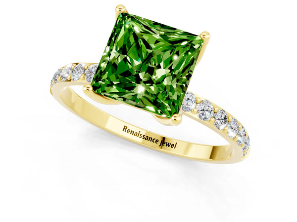 Yellow gold Princess Cut Peridot Solitaire Engagement Ring with Round  Pavé Band and Prong Setting