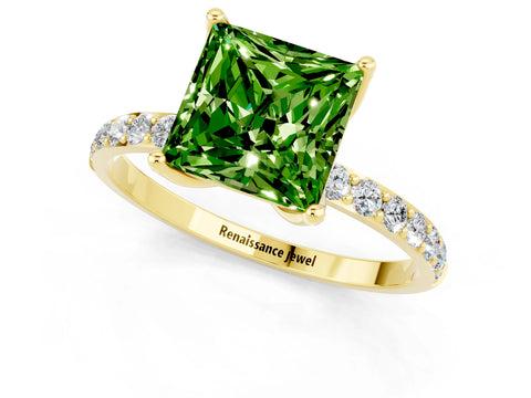 Yellow gold Princess Cut Peridot Solitaire Engagement Ring with Pavé Band and Prong Setting_1
