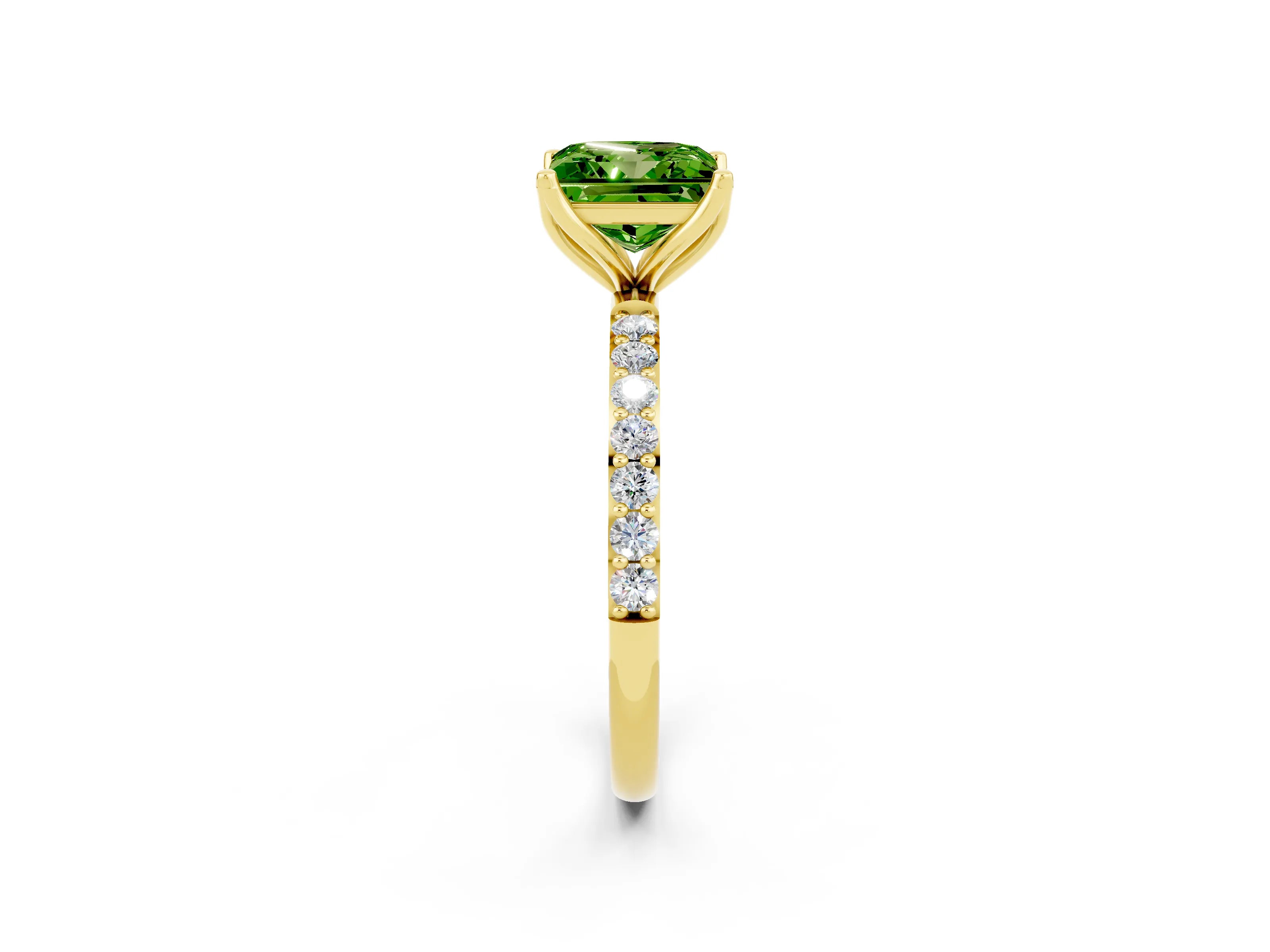 Yellow gold Princess Cut Peridot Solitaire Engagement Ring with Pavé Band and Prong Setting_2