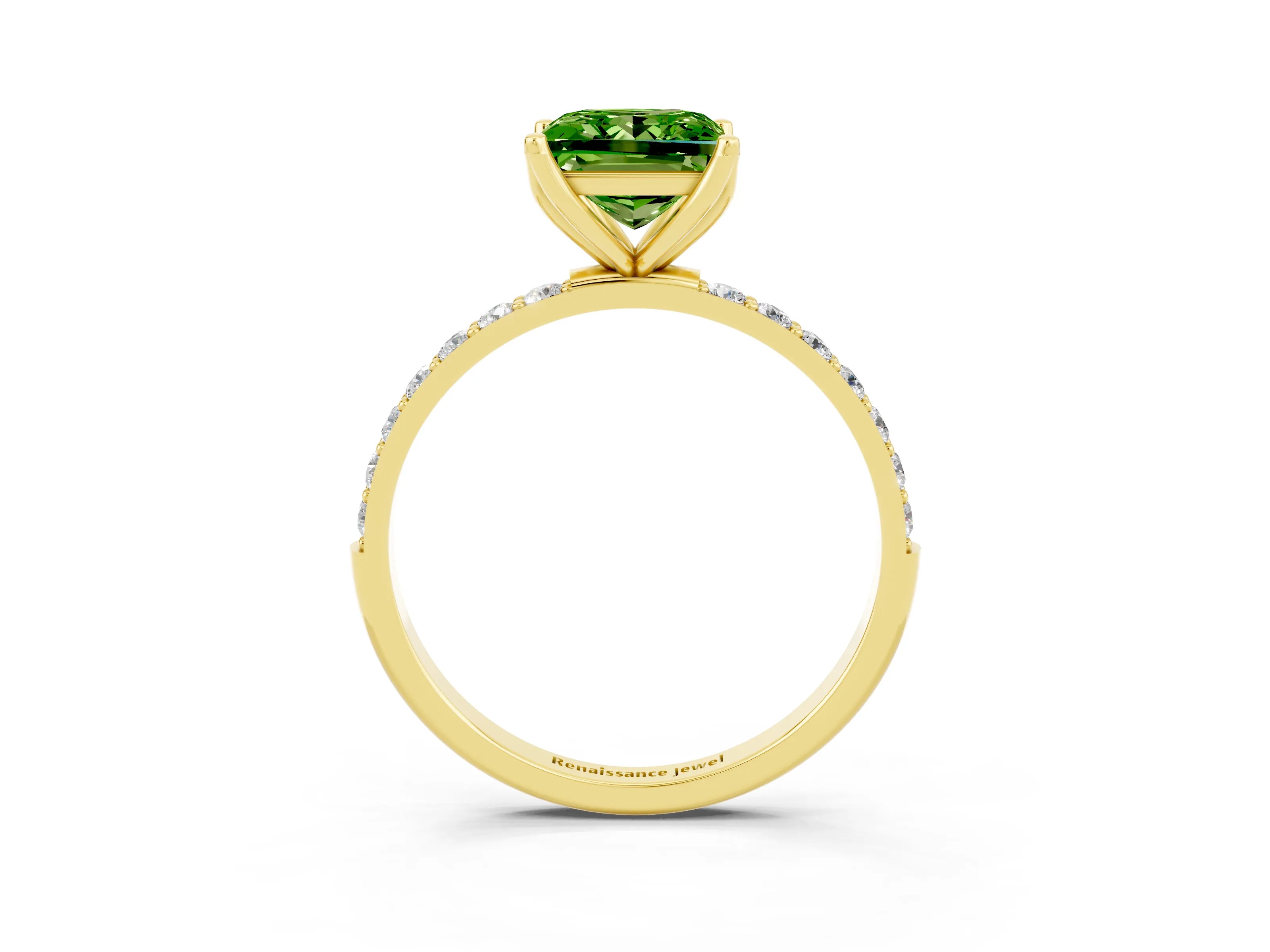 Yellow gold Princess Cut Peridot Solitaire Engagement Ring with Pavé Band and Prong Setting_3