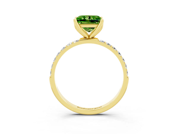 Yellow gold Princess Cut Peridot Solitaire Engagement Ring with Round  Pavé Band and Prong Setting