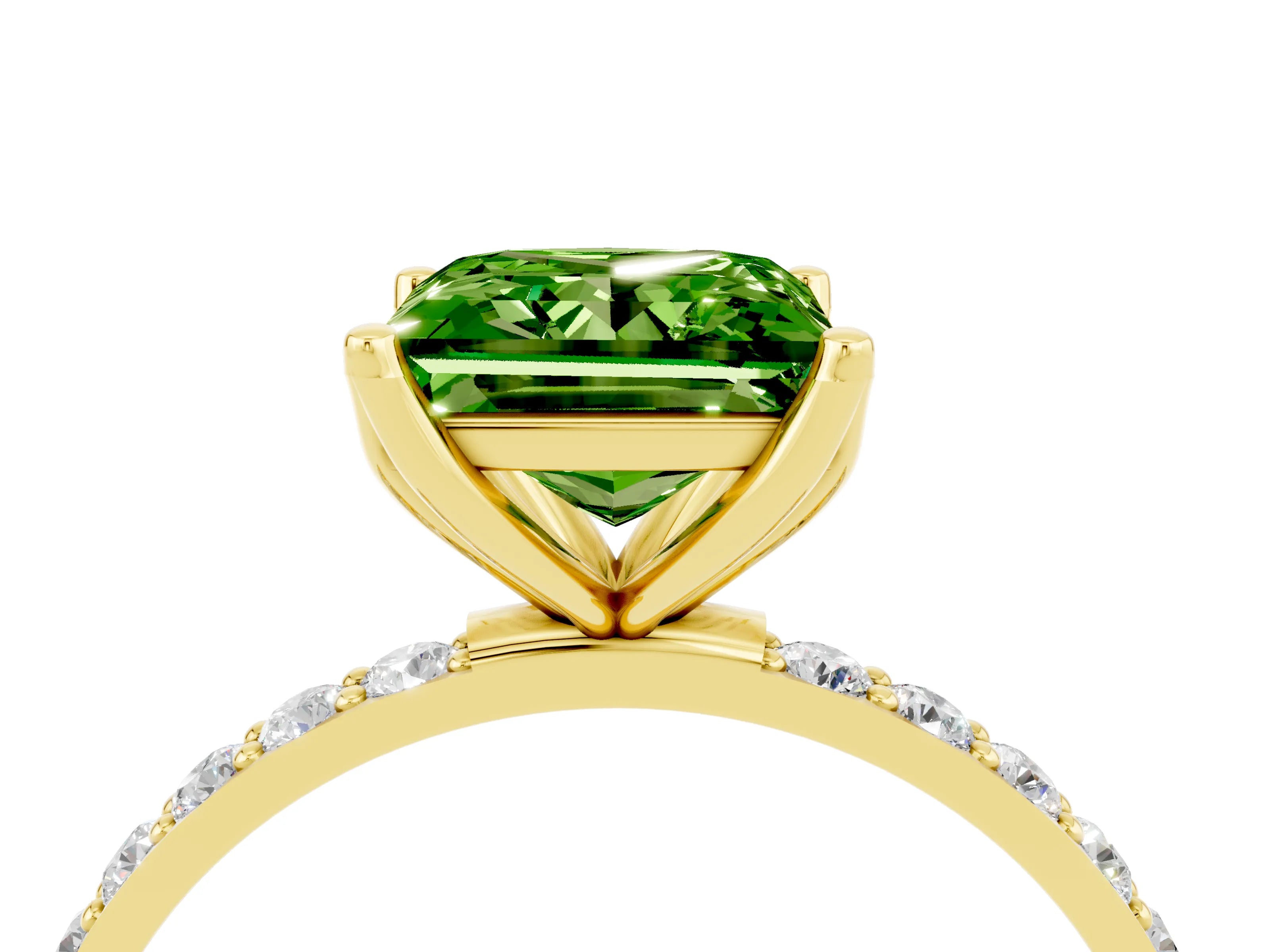 Yellow gold Princess Cut Peridot Solitaire Engagement Ring with Pavé Band and Prong Setting_4