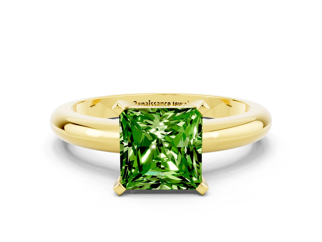 Yellow gold Princess Cut Peridot Solitaire Engagement Ring with Round Band and Four-Prong Setting