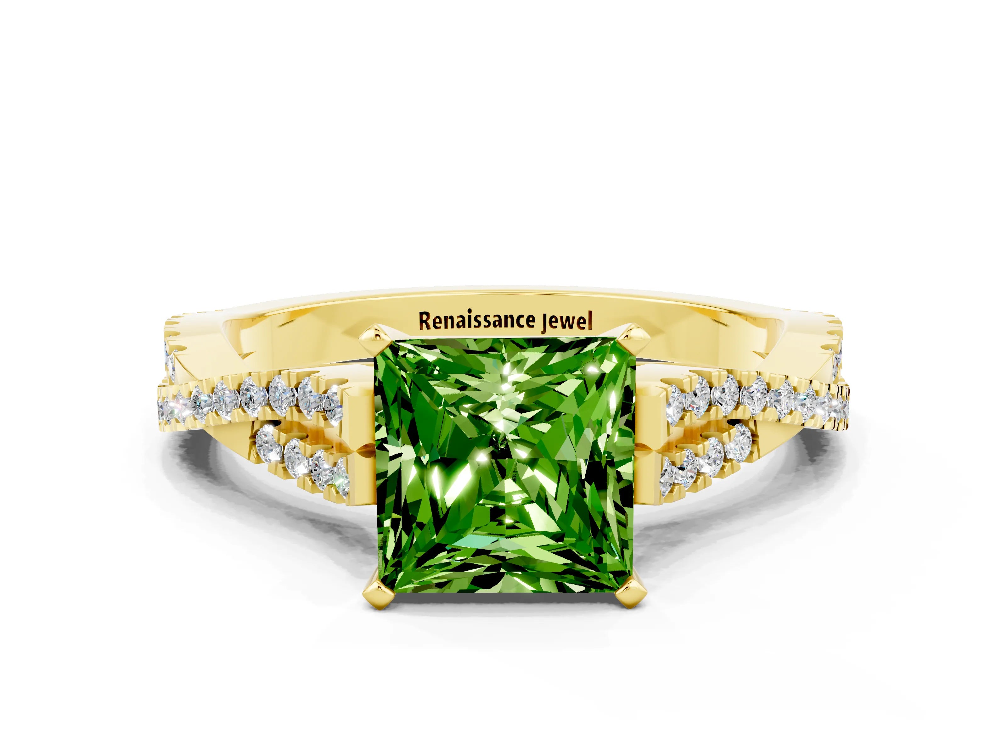 Yellow gold Princess Cut Peridot Solitaire Engagement Ring with Twisted Pavé Band and Four-Prong Setting_12