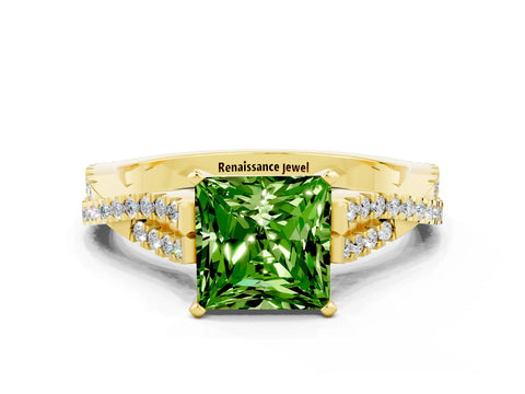 Yellow gold Princess Cut Peridot Solitaire Engagement Ring with Twisted Pavé Band and Four-Prong Setting_12