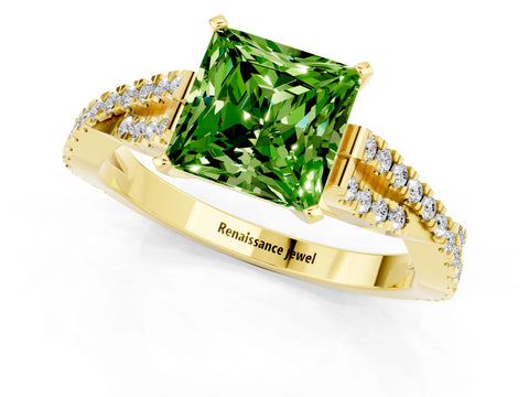 Yellow gold Princess Cut Peridot Solitaire Engagement Ring with Twisted Pavé Band and Four-Prong Setting_13