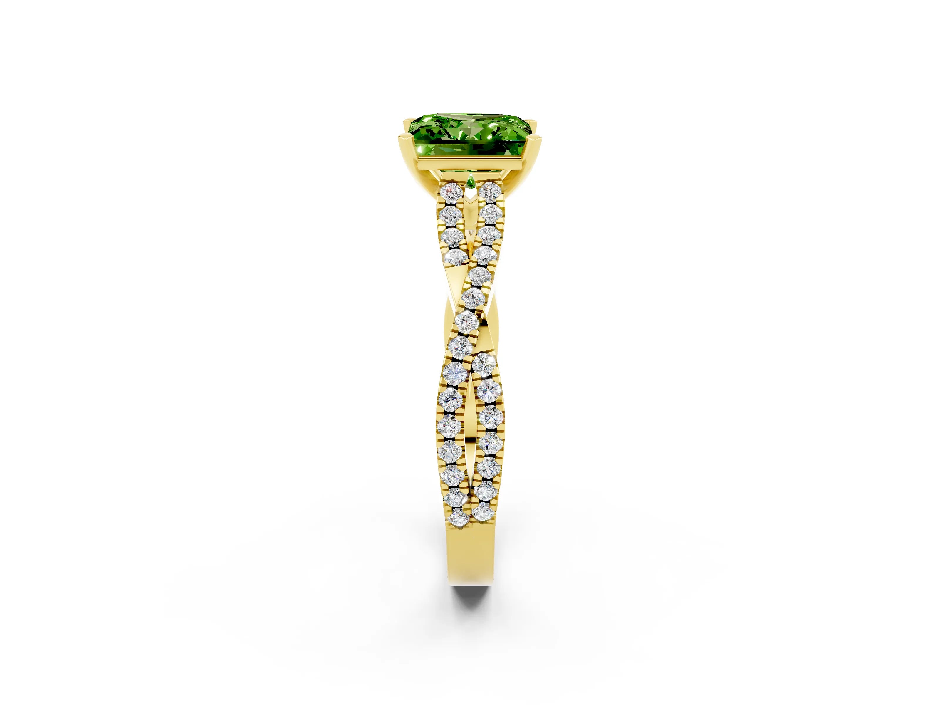 Yellow gold Princess Cut Peridot Solitaire Engagement Ring with Twisted Pavé Band and Four-Prong Setting_14