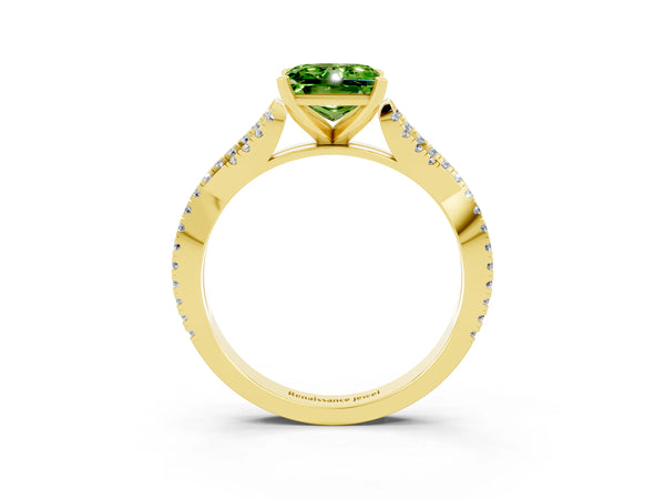 Yellow gold Princess Cut Peridot Solitaire Engagement Ring with Twisted Pavé Band and Four-Prong Setting