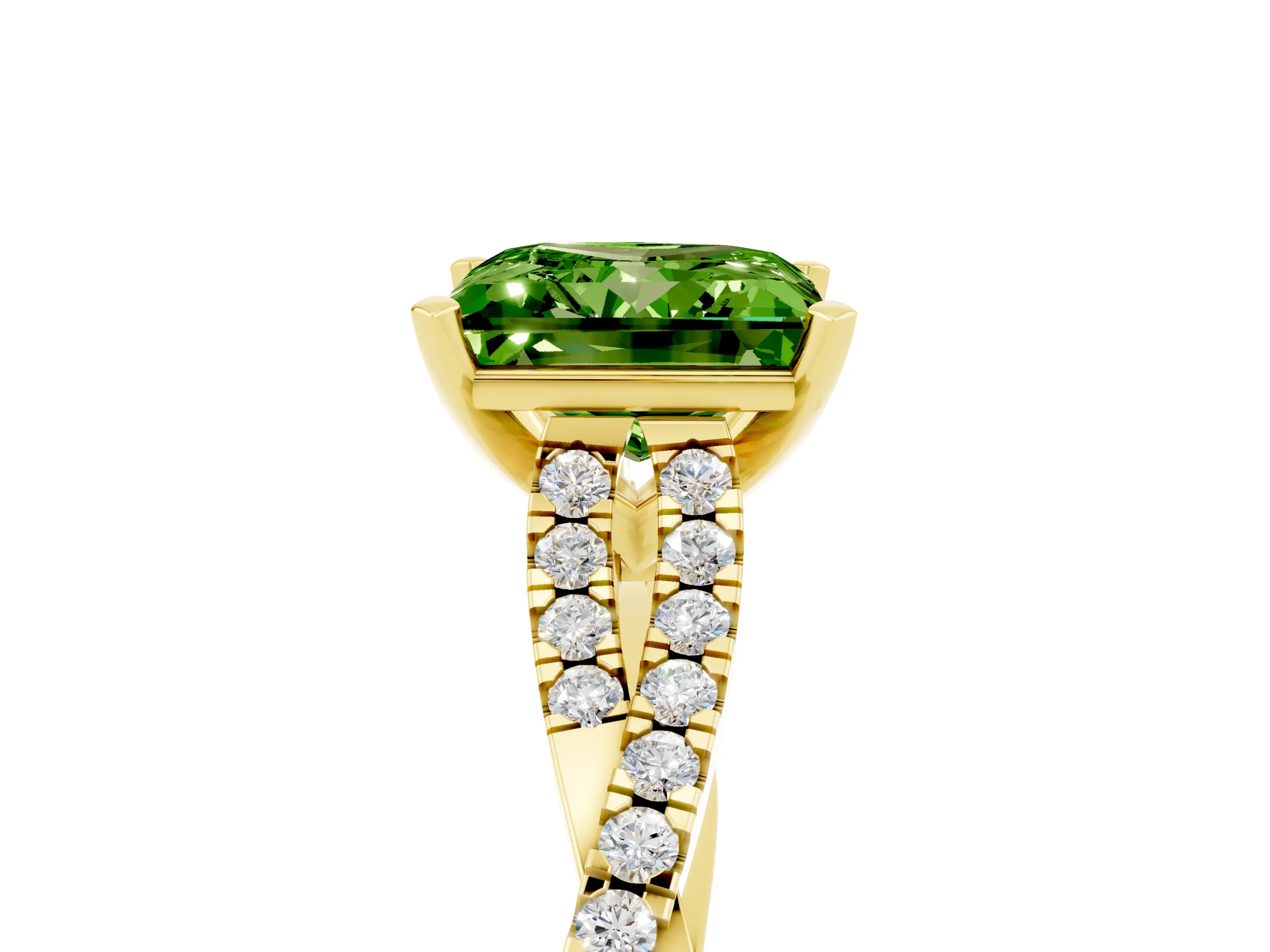Yellow gold Princess Cut Peridot Solitaire Engagement Ring with Twisted Pavé Band and Four-Prong Setting_17