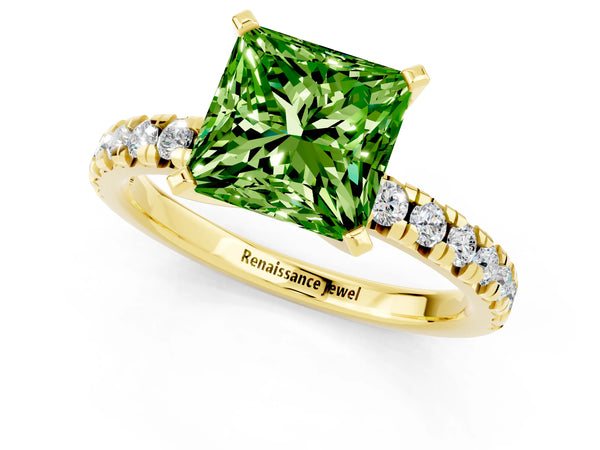 Yellow gold Princess Cut Peridot Solitaire Pavé Engagement Ring with Round Band and Prong Setting