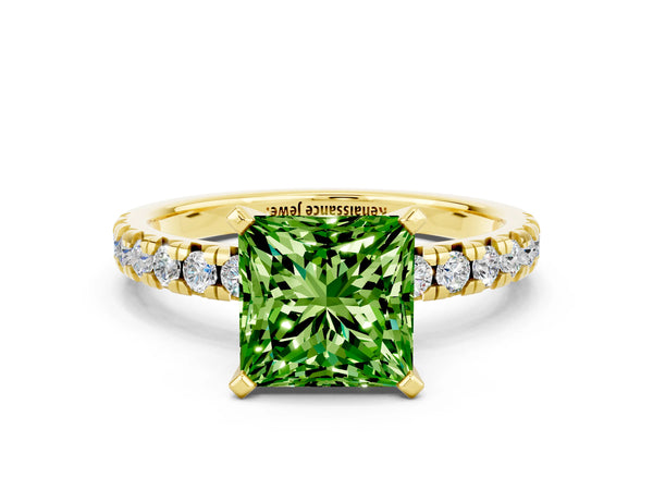 Yellow gold Princess Cut Peridot Solitaire Pavé Engagement Ring with Round Band and Prong Setting