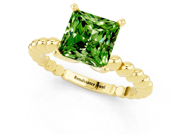 Yellow gold Princess Cut Peridot Solitaire Ring with Beaded Band and Prong Setting