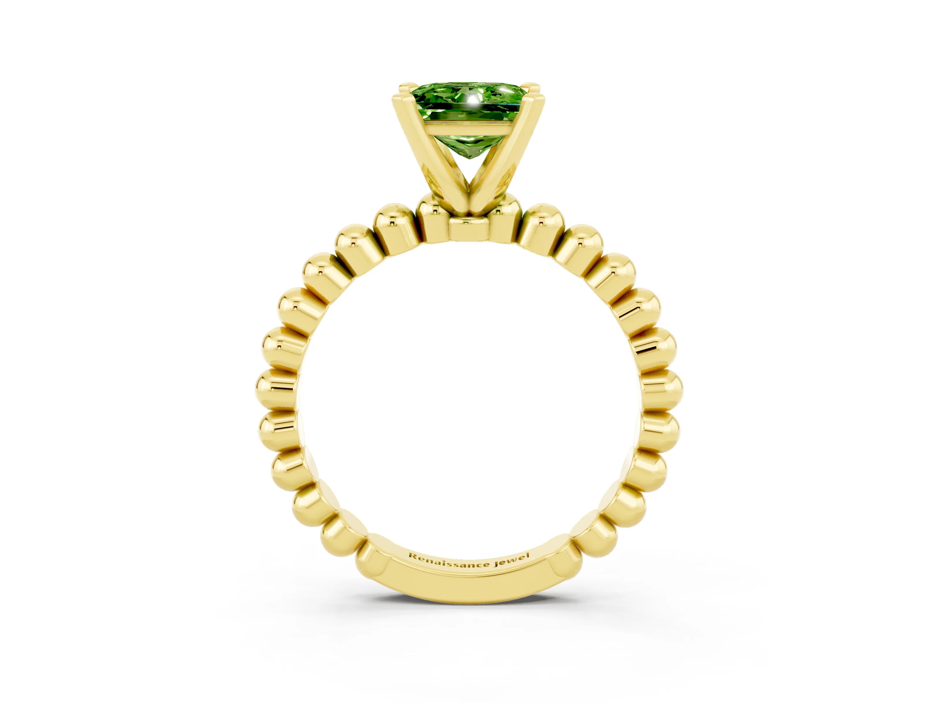 Yellow gold Princess Cut Peridot Solitaire Ring with Beaded Band and Prong Setting_3
