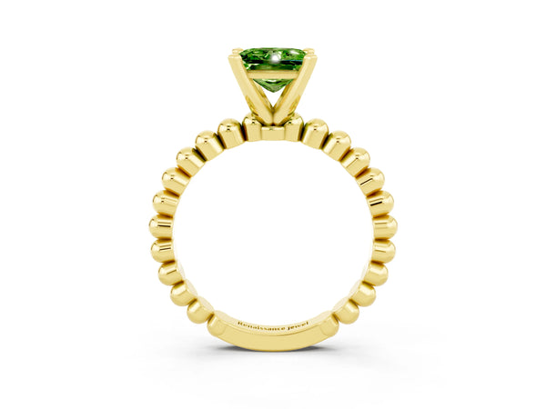 Yellow gold Princess Cut Peridot Solitaire Ring with Beaded Band and Prong Setting