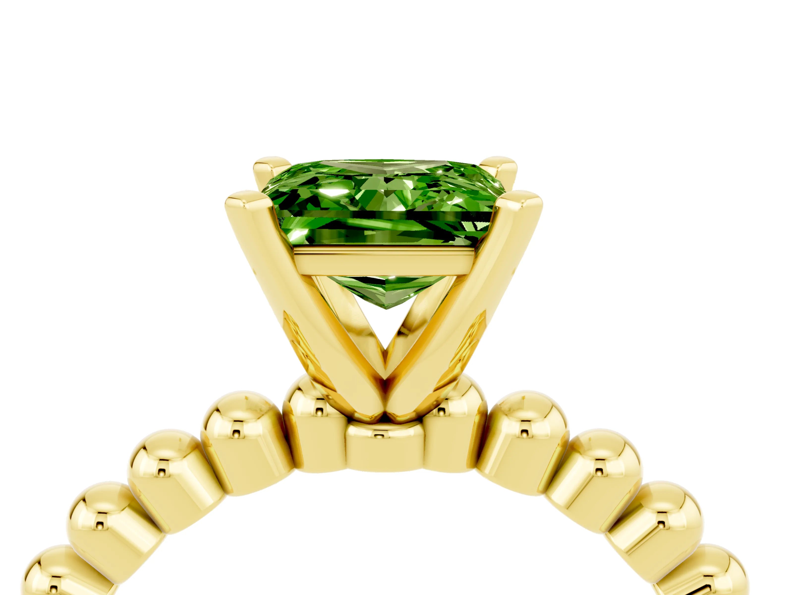 Yellow gold Princess Cut Peridot Solitaire Ring with Beaded Band and Prong Setting_4