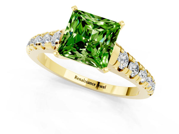 Yellow gold Princess Cut Peridot Cathedral Solitaire Ring with Round  Pavé Band