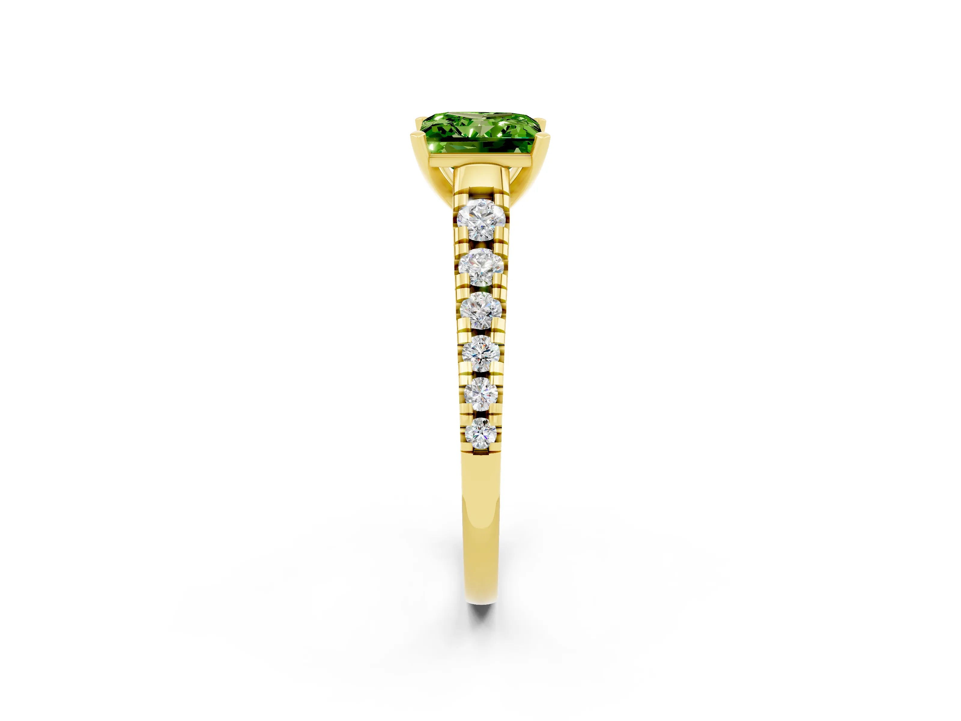 Yellow gold Princess Cut Peridot Solitaire Ring with Cathedral Setting and Pavé Band_2