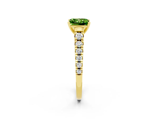 Yellow gold Princess Cut Peridot Cathedral Solitaire Ring with Round  Pavé Band