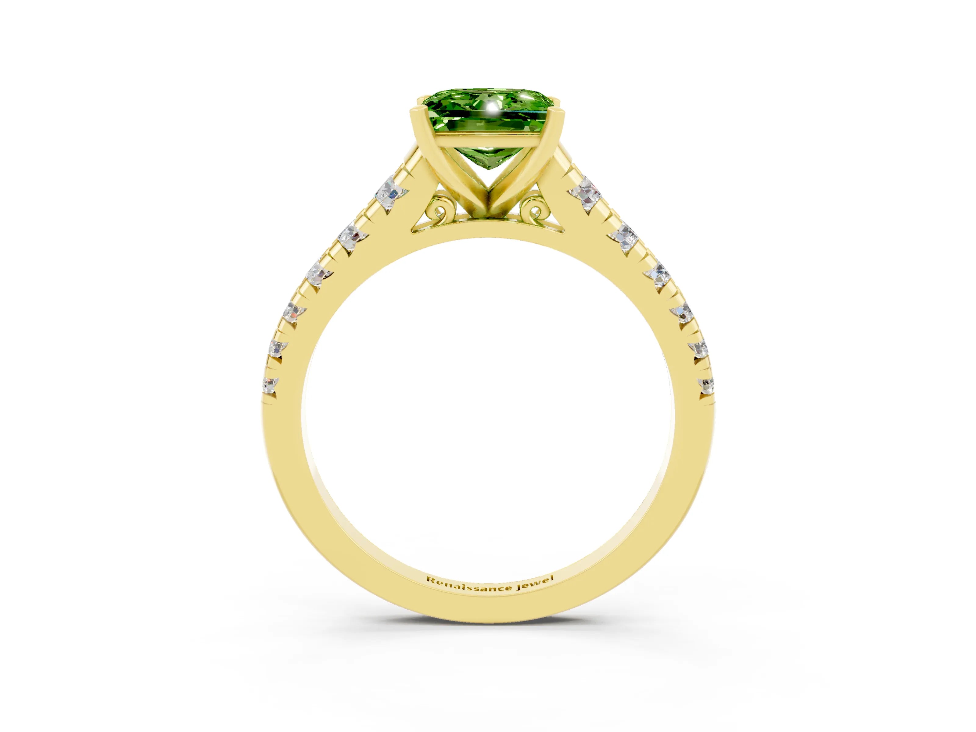 Yellow gold Princess Cut Peridot Solitaire Ring with Cathedral Setting and Pavé Band_3