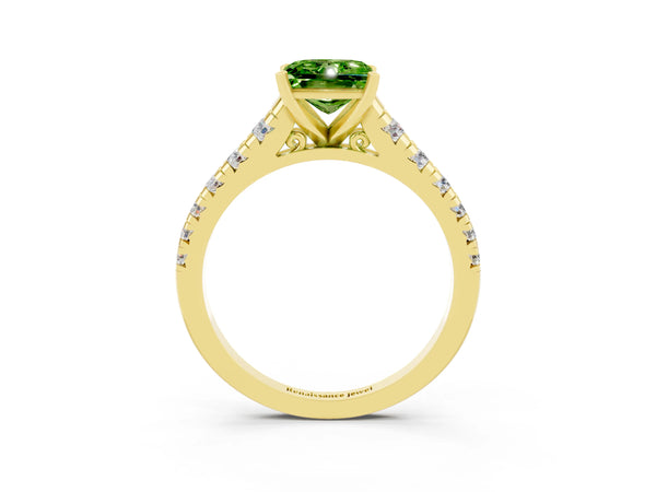 Yellow gold Princess Cut Peridot Cathedral Solitaire Ring with Round  Pavé Band