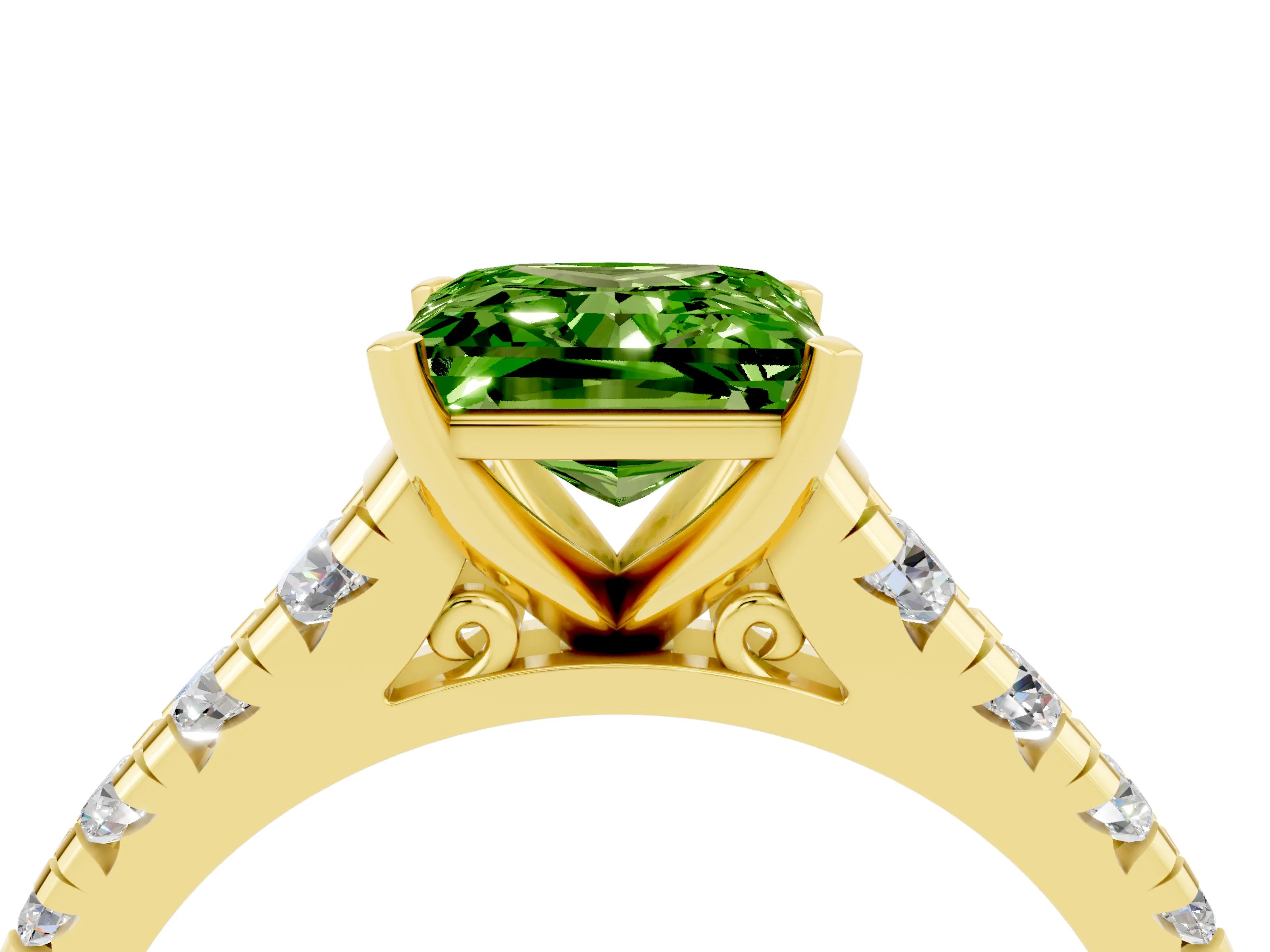 Yellow gold Princess Cut Peridot Solitaire Ring with Cathedral Setting and Pavé Band_4