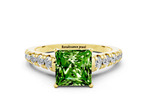 Yellow gold Princess Cut Peridot Solitaire Ring with Cathedral Setting and Pavé Band