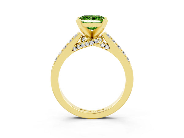 Yellow gold Princess Cut Peridot Solitaire Ring with Crossover Gallery and Round  Pavé Band