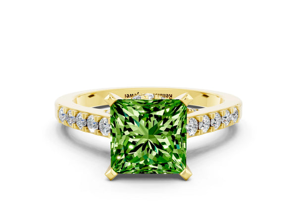 Yellow gold Princess Cut Peridot Solitaire Ring with Crossover Gallery and Round  Pavé Band