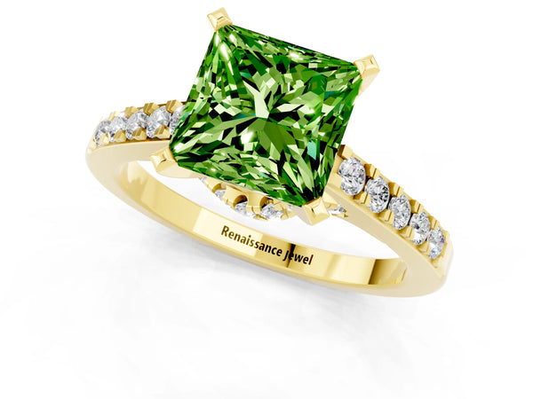 Yellow gold Princess Cut Peridot Solitaire Ring with Crossover Gallery and Round  Pavé Band