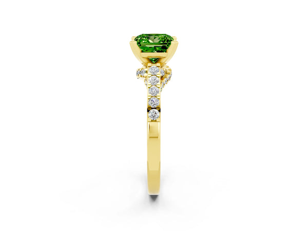 Yellow gold Princess Cut Peridot Solitaire Ring with Crossover Gallery and Round  Pavé Band