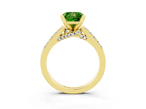 Yellow gold Princess Cut Peridot Solitaire Ring with Crossover Gallery and Round  Pavé Band