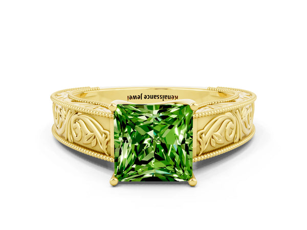 Yellow gold Princess Cut Peridot Solitaire Ring with Engraved Band and Four-Prong Setting