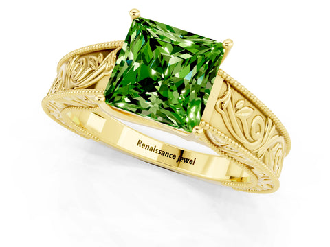 Yellow gold Princess Cut Peridot Solitaire Ring with Engraved Band and Four-Prong Setting_1