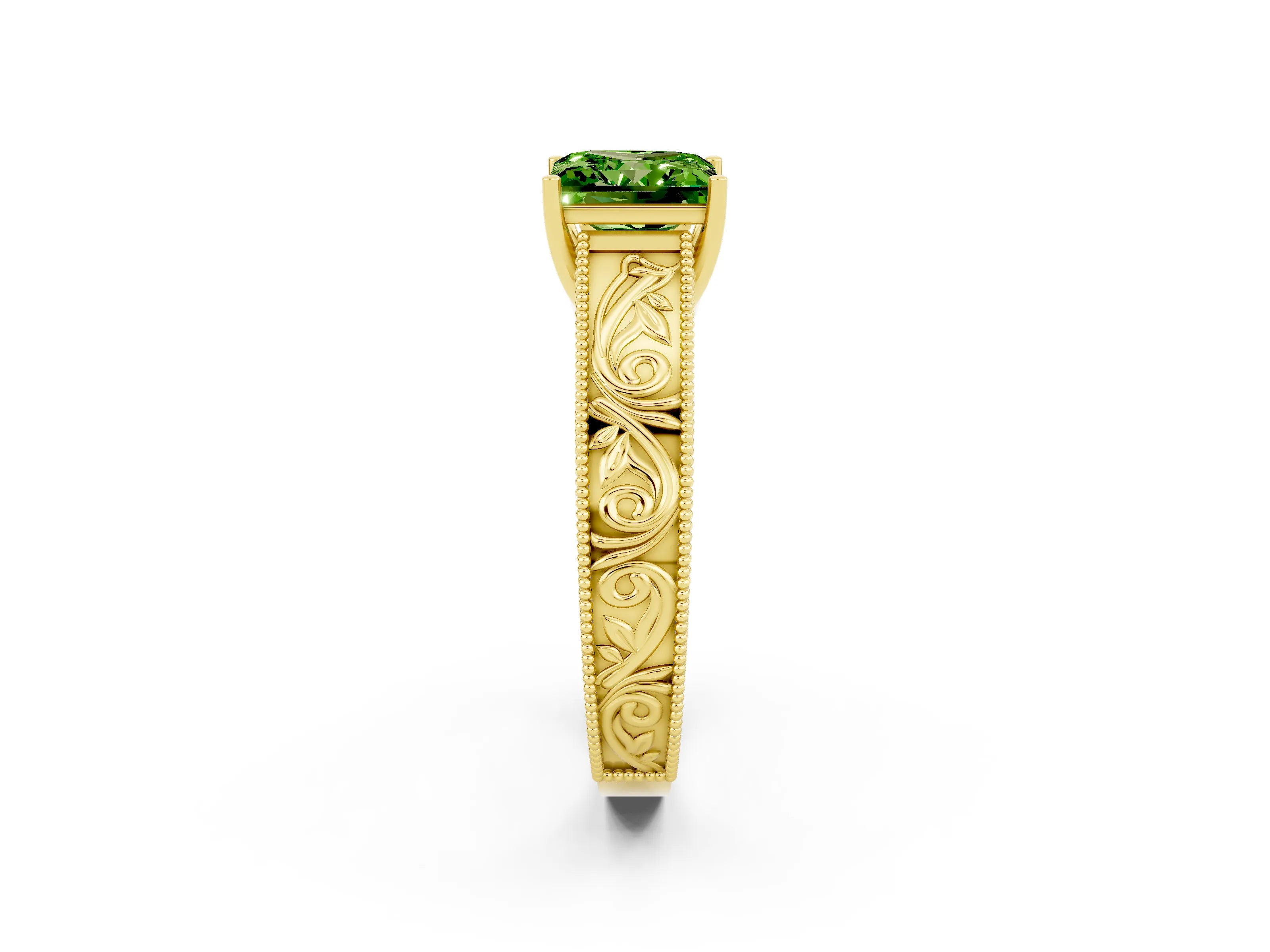 Yellow gold Princess Cut Peridot Solitaire Ring with Engraved Band and Four-Prong Setting_2