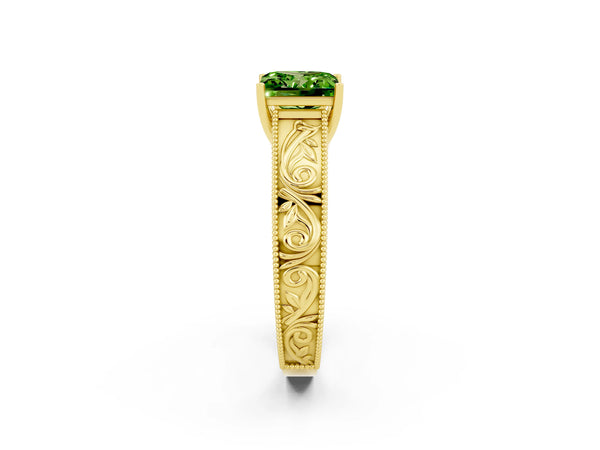 Yellow gold Princess Cut Peridot Solitaire Ring with Engraved Band and Four-Prong Setting