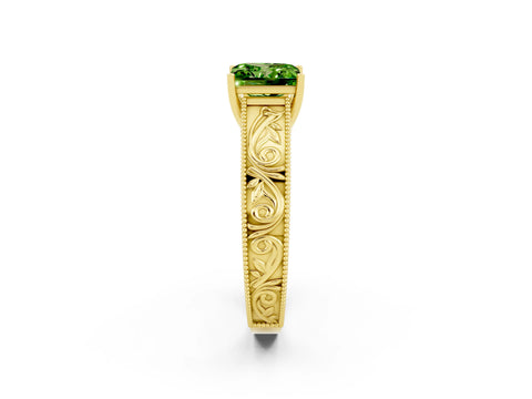 Yellow gold Princess Cut Peridot Solitaire Ring with Engraved Band and Four-Prong Setting_2